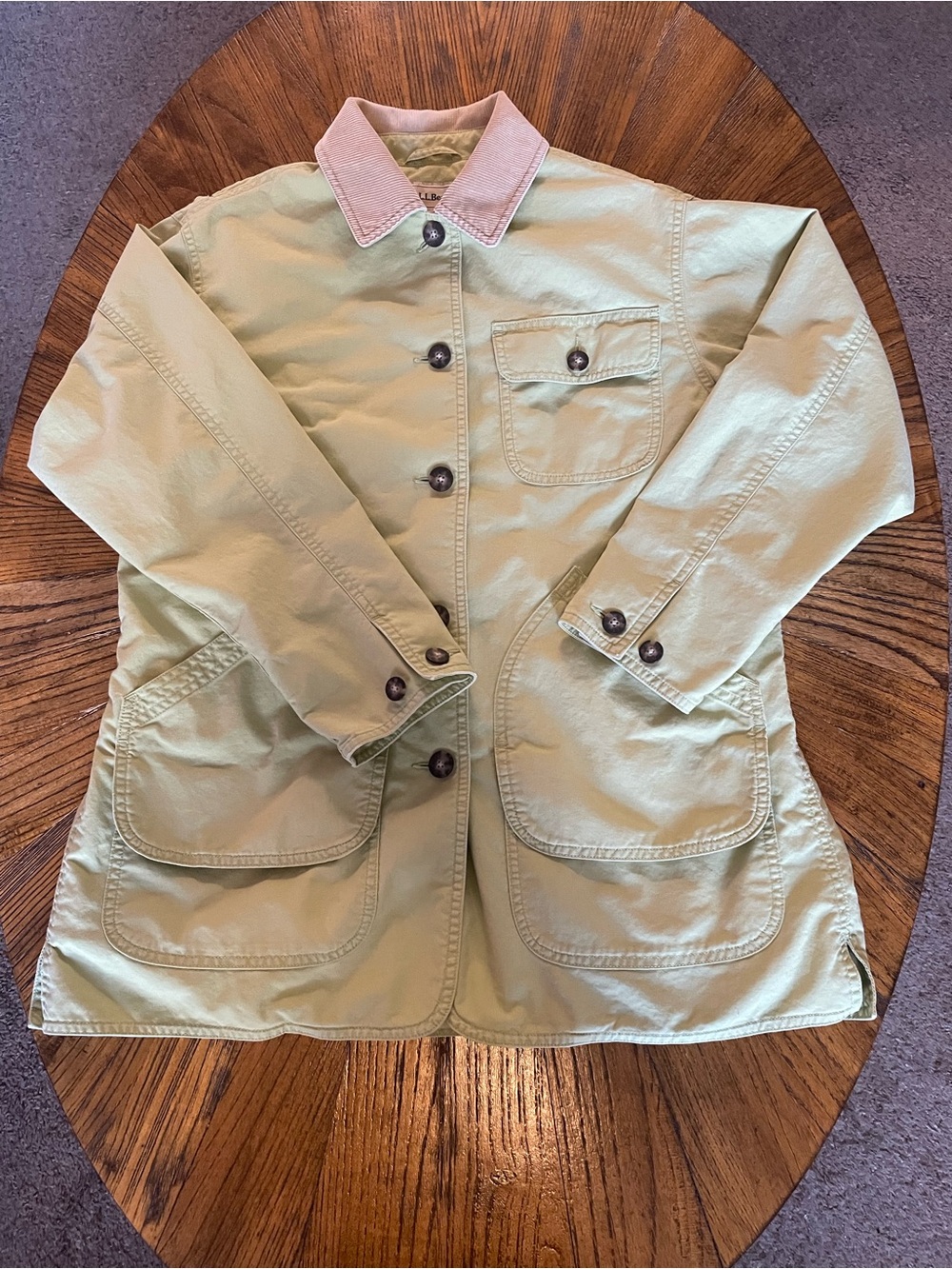 L.L. Bean Light Green Utility Barn Chore Coat with Tan Collar